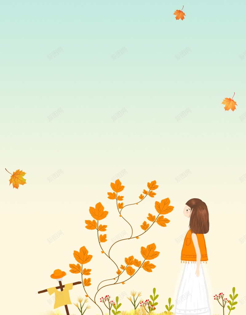 秋天立秋树叶手绘人物psd设计背景_88icon https://88icon.com 手绘人物 树叶 秋天 立秋