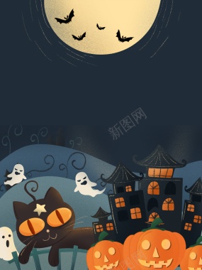 万圣节猫南瓜头城堡幽灵蝙蝠月亮背景