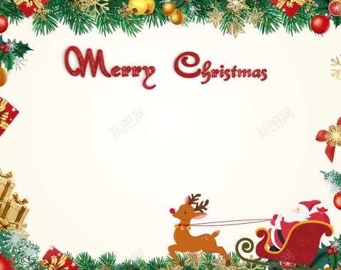 小鹿和圣诞老人还有有很多礼物的圣诞节卡片背景