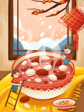 腊八节腊八粥手绘人物梅花中国结红枣背景