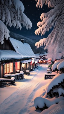 雪景乡村夜晚风景背景