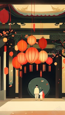 中国风新春灯笼插画背景