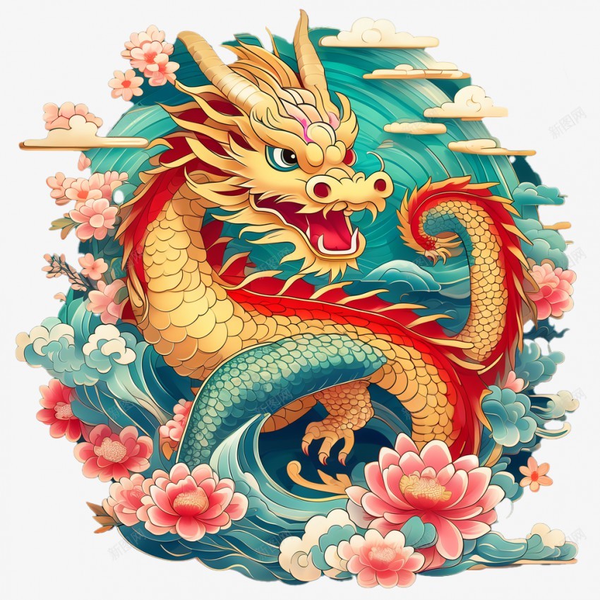 国潮龙png免抠素材_88icon https://88icon.com 龙 国潮 2024 龙年 莲花 莲花龙