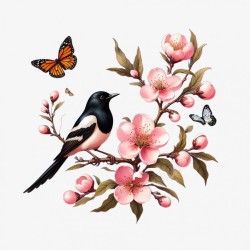 粉色桃花枝上停着喜鹊和蝴蝶素材