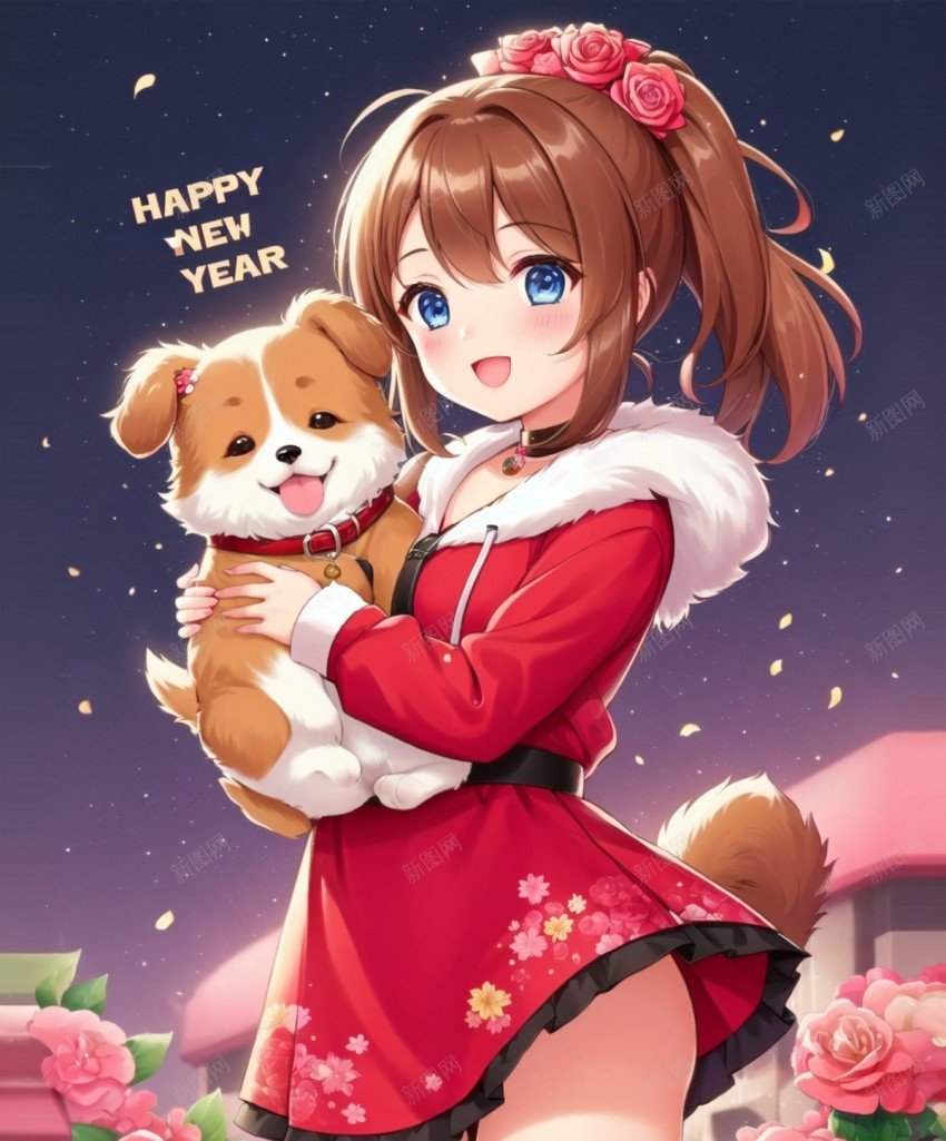 可爱红衣女孩与小狗开心花丛新年png_88icon https://88icon.com 与 原创海报 可爱 女孩 小狗 新年 新春 红色 花丛