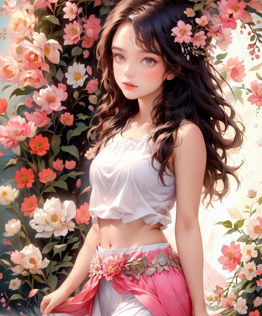 一个在花丛中穿着裙子的女孩png_88icon https://88icon.com 原创海报 少女 海报 粉色 美丽女孩 花团 鲜花