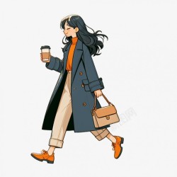 手拿咖啡行走的女孩插画素材