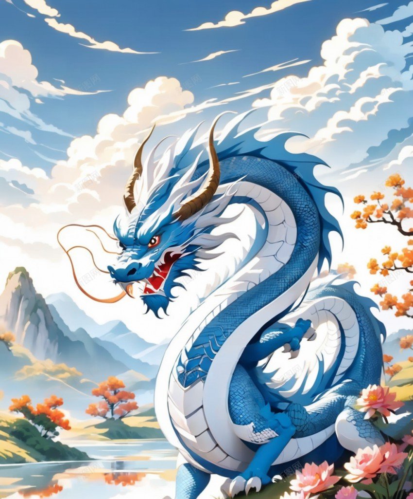 河边有一只威武的蓝龙png_88icon https://88icon.com 二次元 云层 原创海报 威武 河流 海报 蓝龙 鲜花