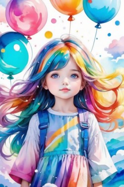 长发彩色气球女孩水彩风插画设计海报