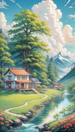 春日幽静山中小屋插画设计海报