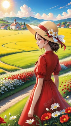 穿着红裙子的小姑娘站在花田里插图设计海报
