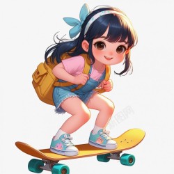 滑滑板的卡通女孩素材