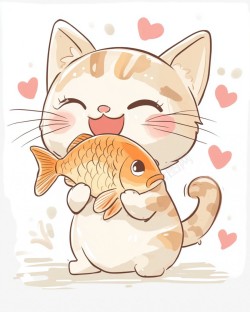 抱鲤鱼的小花猫素材