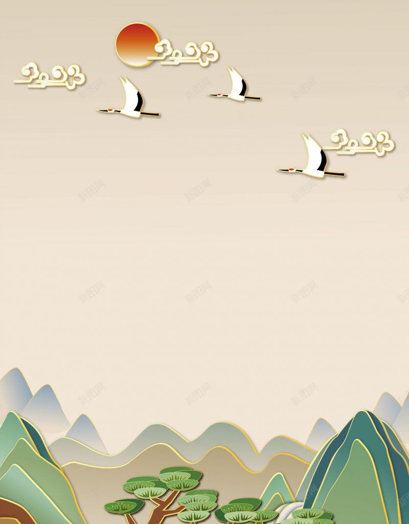 日系风国潮风古典仙鹤山水剪纸AI矢量模板背景图jpg设计背景_88icon https://88icon.com 中式