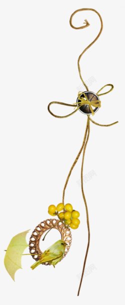 手绘金丝縄系挂着金属环枇杷果小伞黄鸟装饰图素材