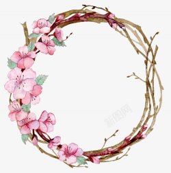 手绘水彩的桃花花枝花环装饰素材