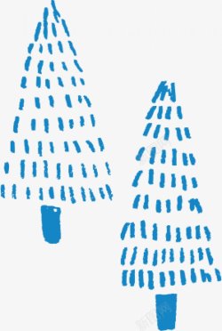 手绘两棵蓝色松树装饰点缀素材