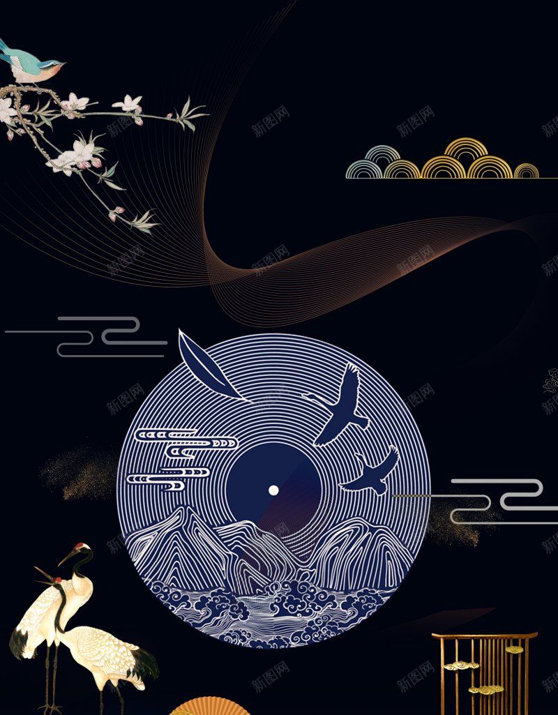 国潮风仙鹤祥云花纹线条中国风日系风古典PSD模板海jpg设计背景_88icon https://88icon.com 中式
