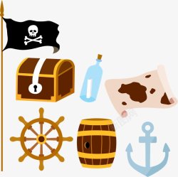 手绘海盗藏宝地图海盗旗海盗船藏宝箱图案素材