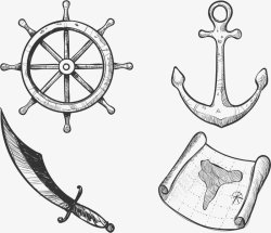 素描风格海盗图透明图层船舵船锚大刀海盗船海盗旗海盗素材