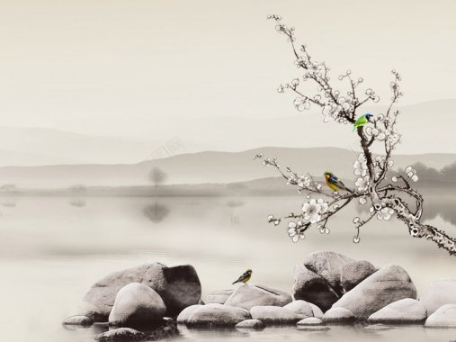鸟儿梅花山水意境中国风水墨背景背景图背景