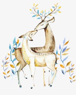 可创意水彩手绘鹿森林鹿角鹿头剪影麋鹿动物手绘小素材