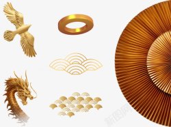 黄金龙元素集合金色龙金色底纹金色扇子装饰图高清图片