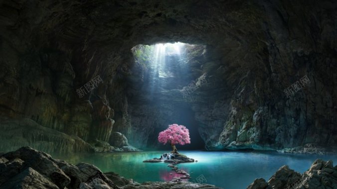 创意合成参考大图山洞樱花树粉色树枝山崖山水风摄影图片