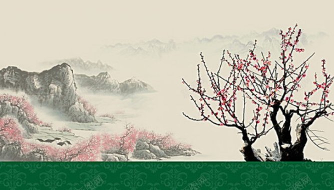 水墨桃花中国风壁画海报中国风的中国风banner中背景