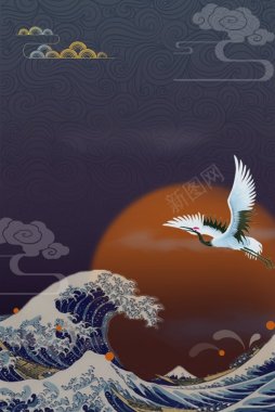 日式和风仙鹤古典花纹云腾日本海报PSD分层可下背景