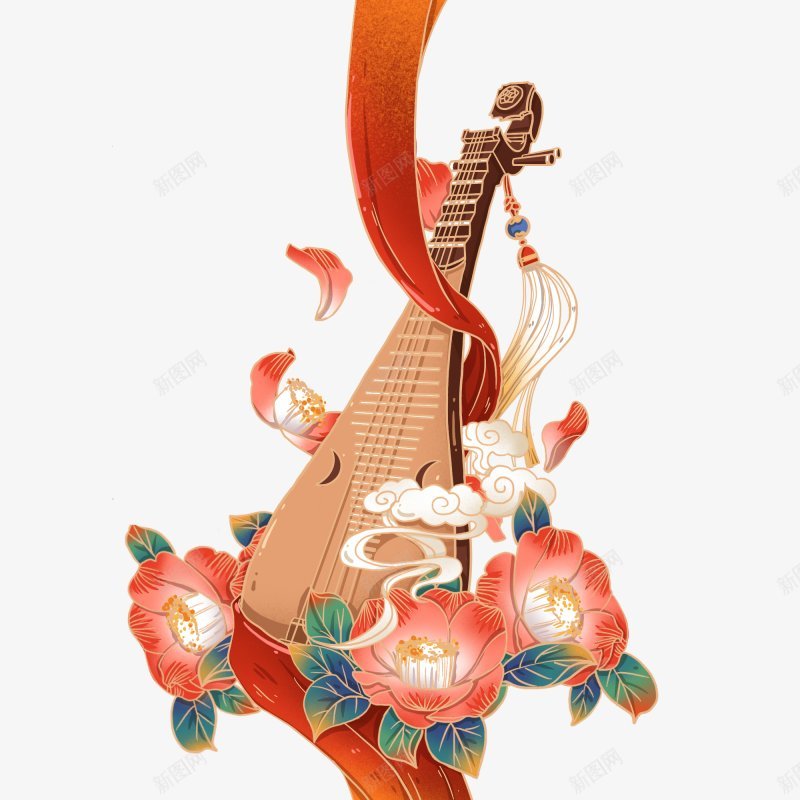 琵琶祥云花装饰png免抠素材_88icon https://88icon.com 国潮风琵琶 山茶花 红色  红色丝带 祥云 流苏 线描 渐变 唯美 节日气氛 富贵 复古古风 传统文化 华丽乐器