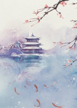 中国风月下水边庭院花枝海报中国风背景