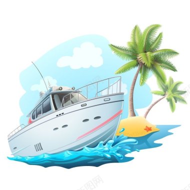 夏日椰树与游艇矢量工艺图标装饰背景