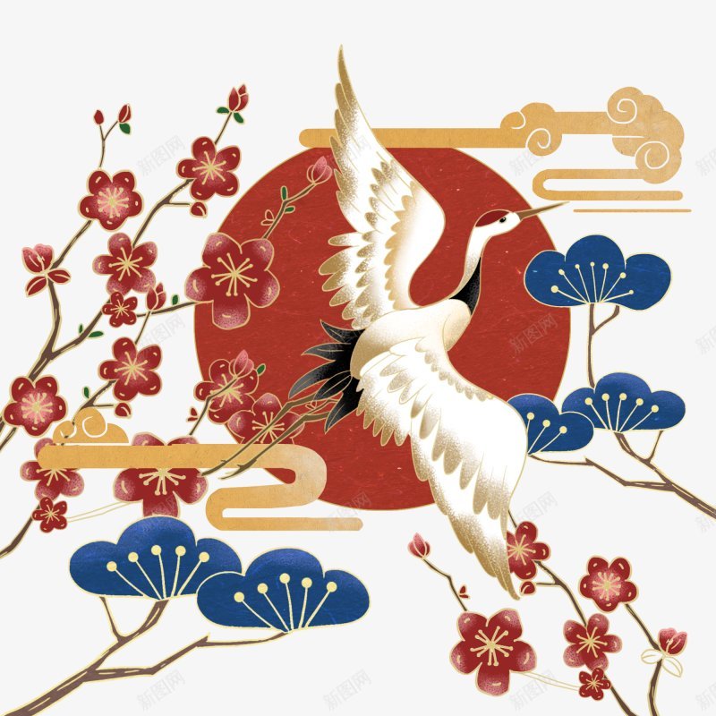 中式风格中国风仙鹤梅花祥云图png免抠素材_88icon https://88icon.com 新式 中国风 仙鹤 红色 复古 国潮 中式风格 传统文化 东方元素 梅花 祥云