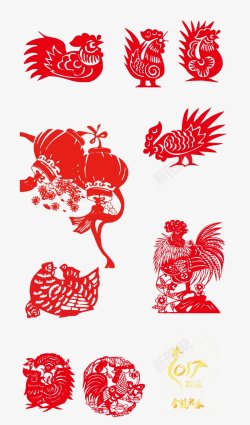 红色小鸡剪纸大公鸡扁平化剪纸剪纸形态各异的可爱小鸡素材