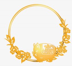 中国风传统烫金花纹金猪圆形装饰素材