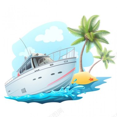 夏日椰树与游艇矢量人物插画背景