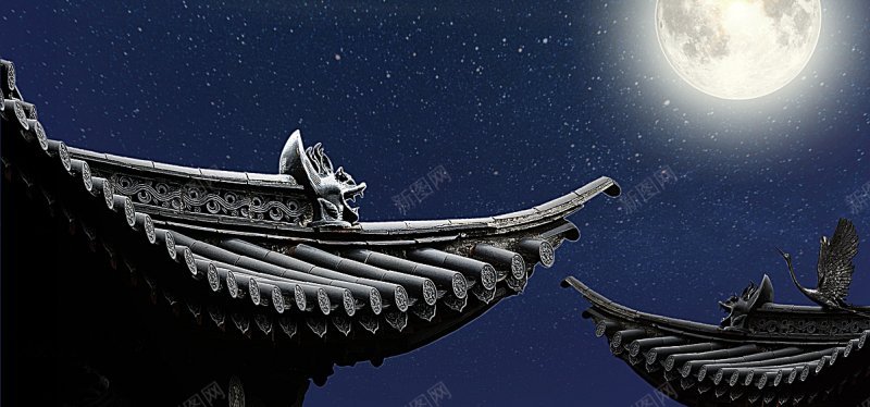 中秋节节日月亮中国风古建筑房檐海报banner中国背景
