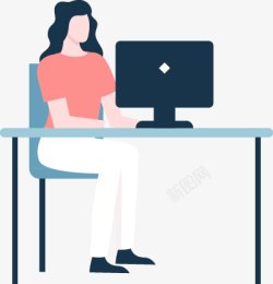 正在使用电脑的女士清爽的扁平人物扁平等距插画人素材