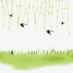 手绘绿墙与草坪春季清明立春卡通燕子柳条手绘草高清图片