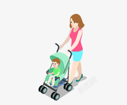 推着婴儿车的哥哥卡通手绘推着婴儿车的女人高清图片