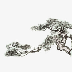手绘复古荷叶水墨松树高清图片