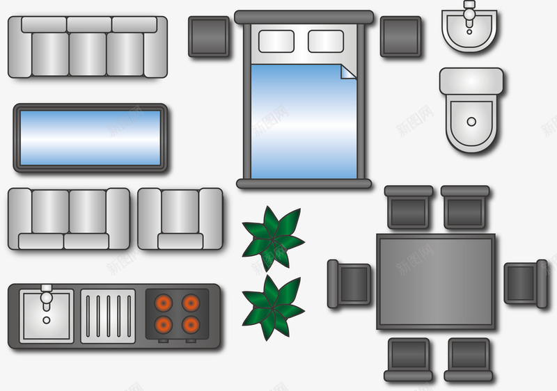 银白色户型矢量图eps免抠素材_88icon https://88icon.com 会客厅 售楼处 洗手台 玻璃桌 装修公司 银色的沙发 矢量图