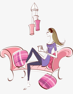 简约躺在沙发上喝咖啡的美女素材