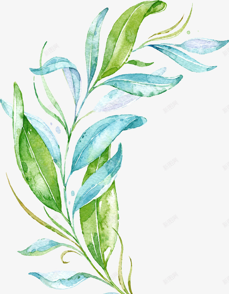 蓝绿色水彩叶子png免抠素材_88icon https://88icon.com 手绘植物素材 树枝png 水彩枝叶 水彩树叶 水彩植物 羽毛状枝条 蓝色叶子