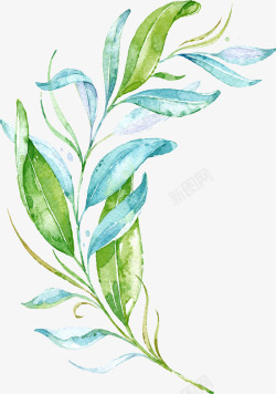 水彩树叶素材蓝绿色水彩叶子高清图片