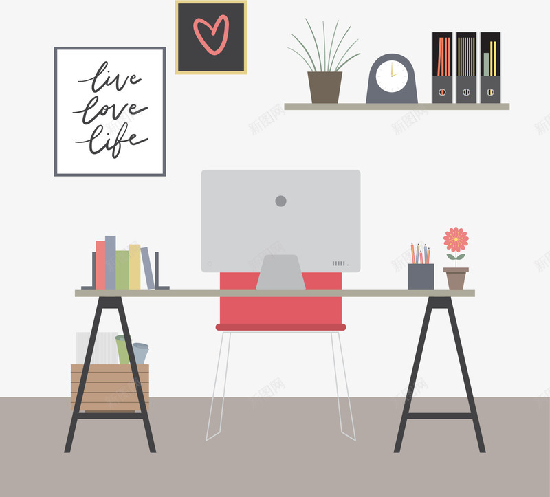 小清新简约办公场景png免抠素材_88icon https://88icon.com 书本 办公场景 桌子 椅子 电脑 盆栽 铅笔 闹钟
