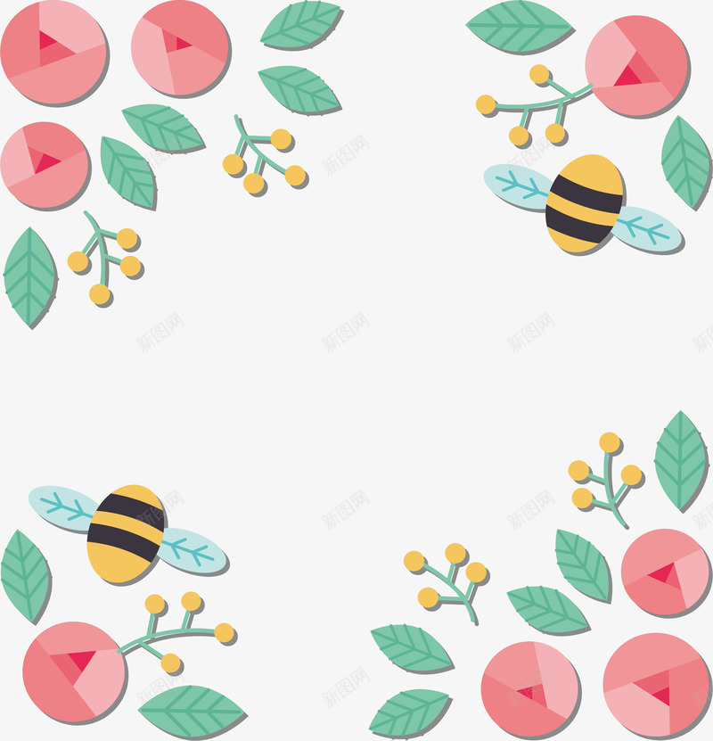 粉红花朵装饰边框png免抠素材_88icon https://88icon.com 小蜜蜂 浪漫花藤 矢量png 粉红色 粉色花朵 花朵边框 黄色