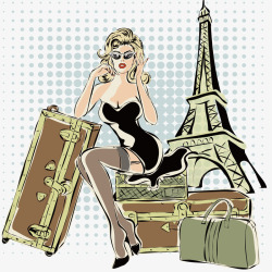行李箱包巴黎元素背景美女矢量图高清图片