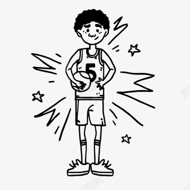 黑色背景手绘抱篮球的男孩矢量图图标图标